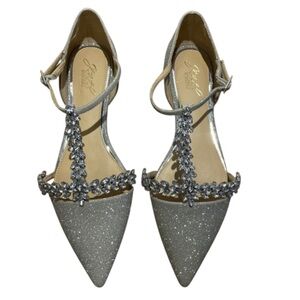 Jewel Badgley Mischka Maury Wedding Flats 9.5 Silver Rhinestone Formal Mary Jane